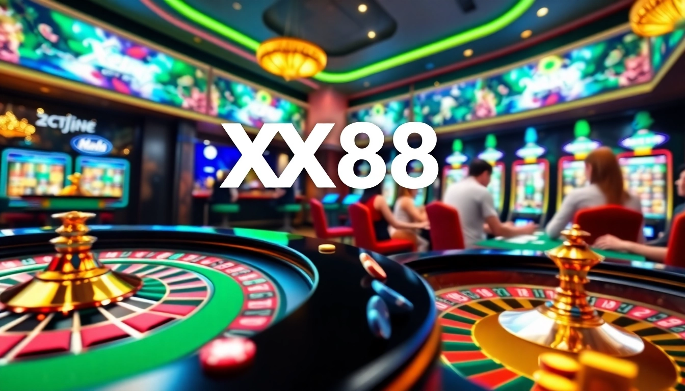 Experience the thrilling gaming atmosphere at XX88 casino with roulette and poker activities.