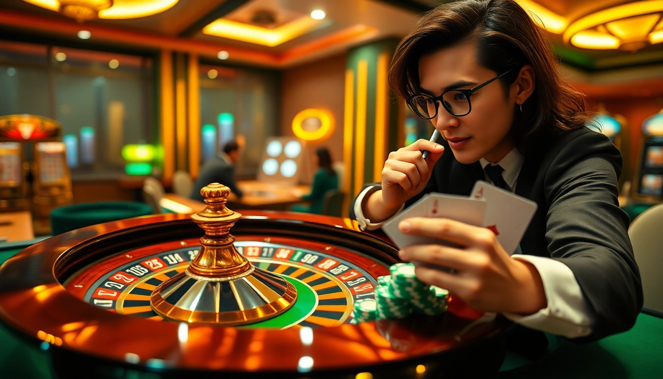 Casino scene with a player engaging in high-stakes betting at Jun88, showcasing cards and a roulette wheel.