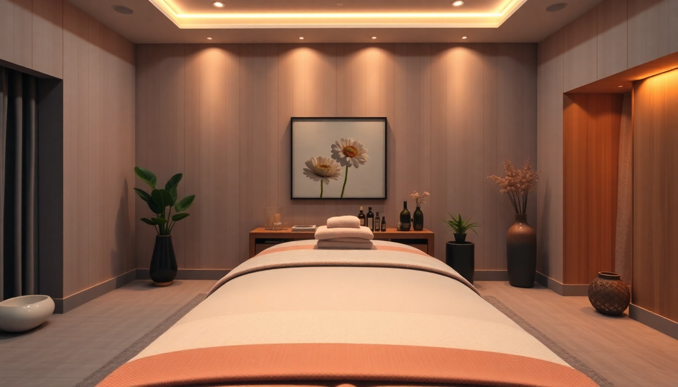 마사지 테이블과 차분한 장식이 있는 편안한 포항스웨디시 치료실