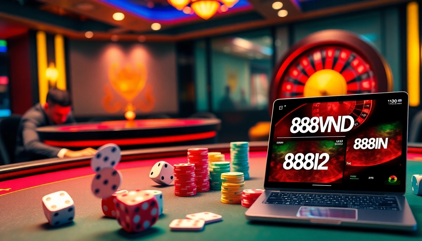 Experience the thrill of online gambling with 888VND's vibrant casino scene featuring poker and roulette.