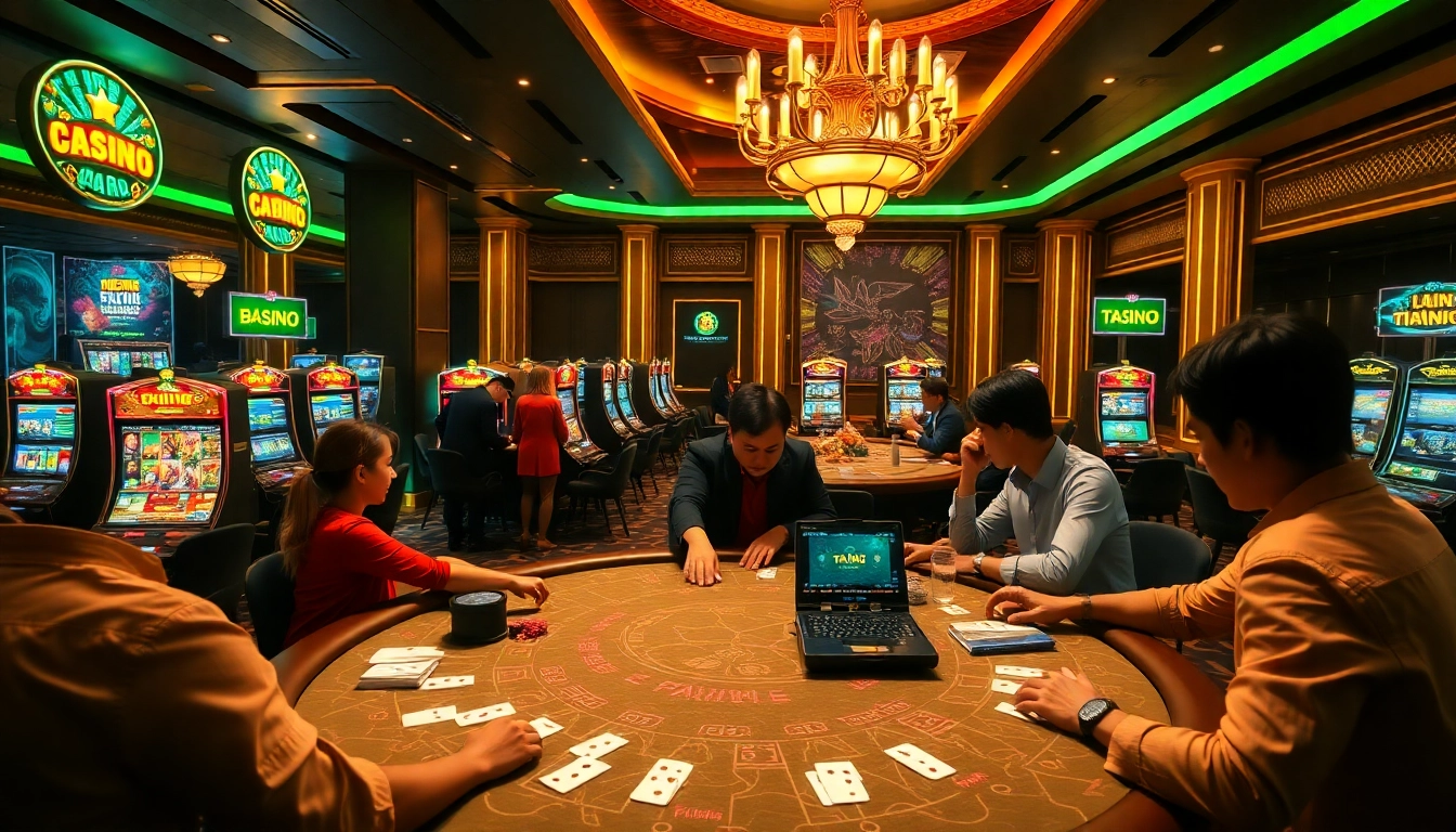Nạp tiền Da88 at a vibrant online casino with high-stakes poker and digital interfaces.