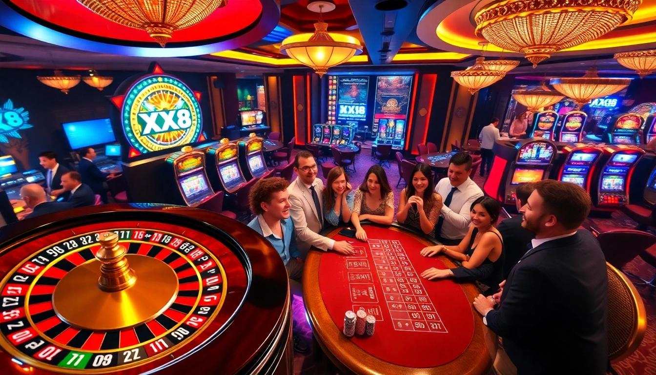 Casino excitement at XX88 with poker chips and slot machines lighting up the scene.