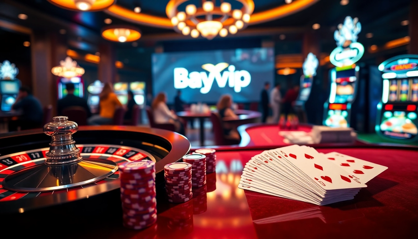 Engaging Bayvip roulette segment capturing lively gambling atmosphere with poker chips and cards.