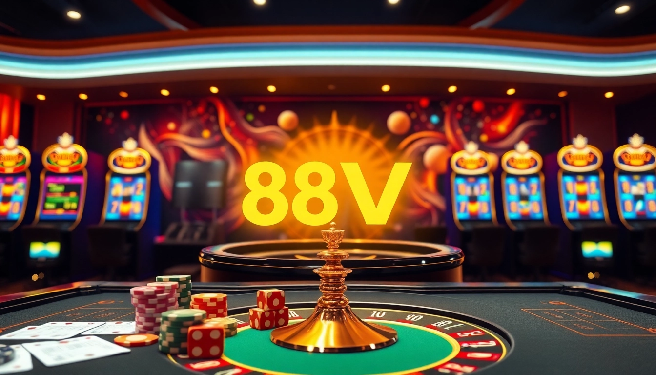 Experience excitement at 88VV with vibrant casino tables, poker chips, and slot machines.
