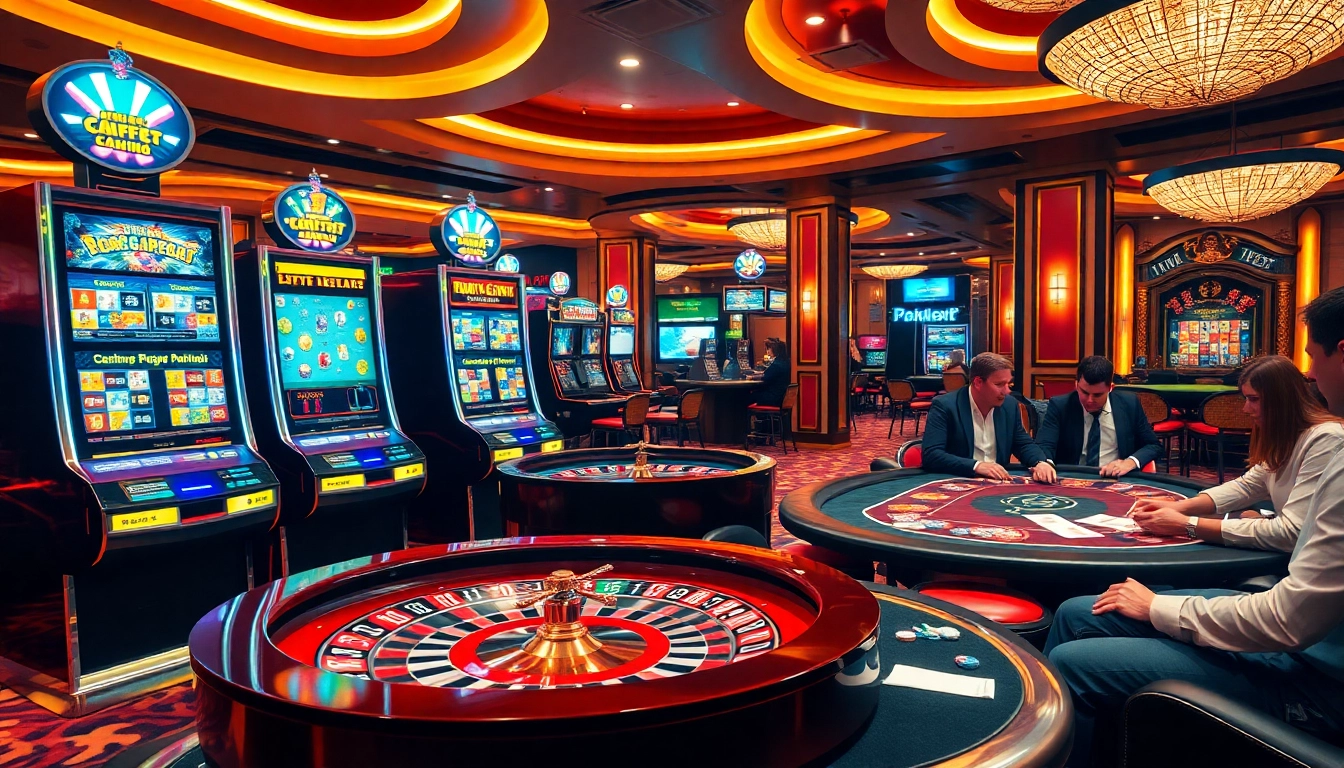 Engage with idnslot gaming at a luxurious casino featuring slot machines and poker tables.