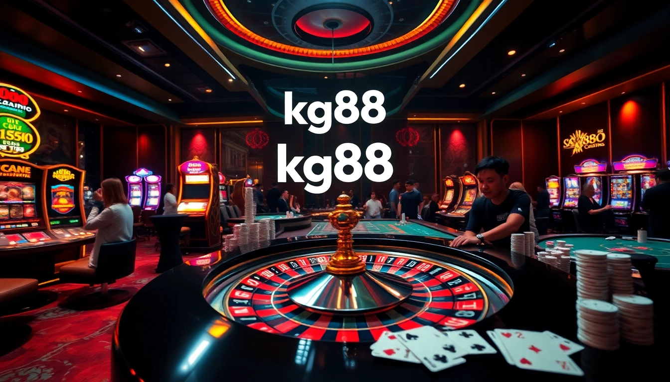Experience the excitement at kg88 casino with vibrant slot machines and a classic roulette table.