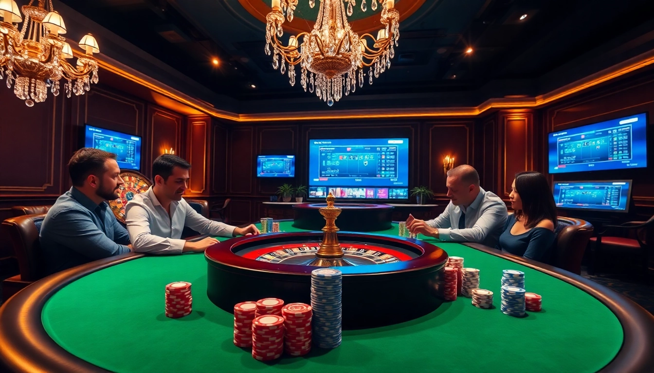 Experience the thrill of mb66 at a luxurious casino table with engaging players and vibrant gaming atmosphere.